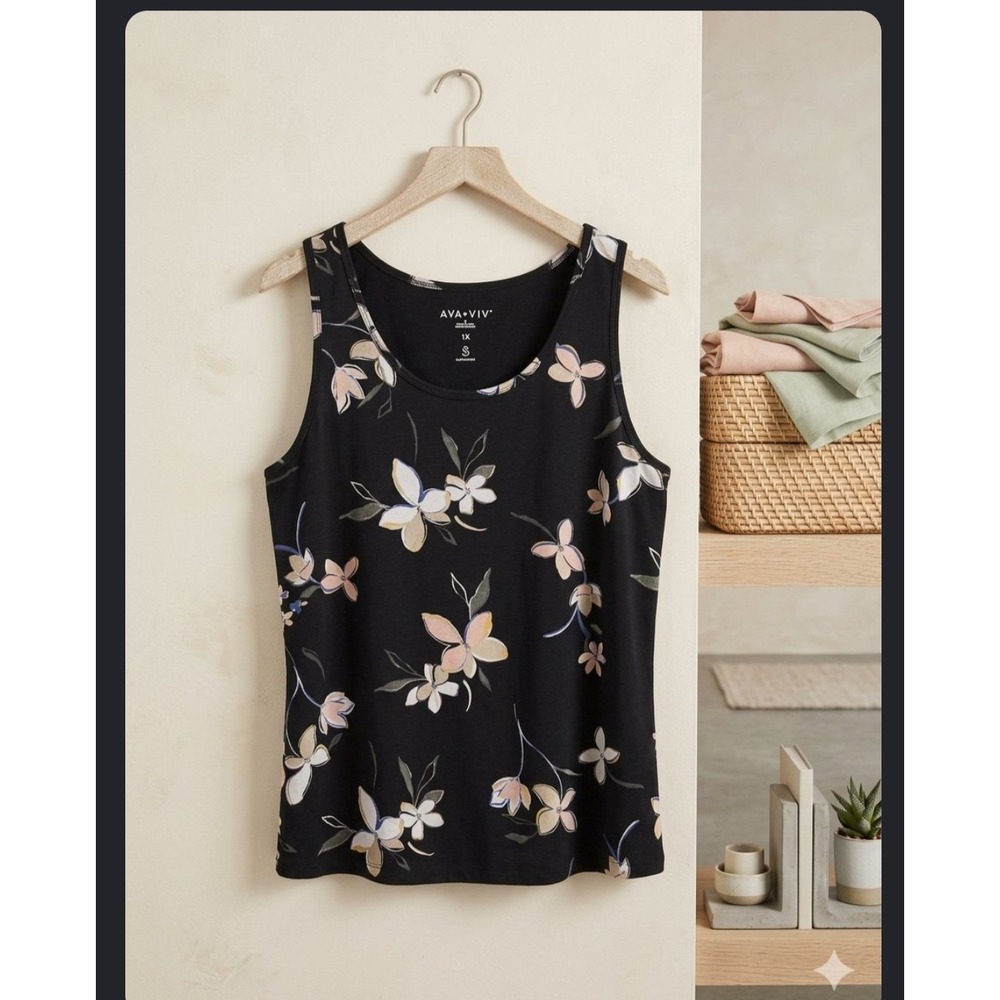 Ava & Viv Womens Black Floral Lily Print Scoop Neck Sleeveless Tank Top 3X